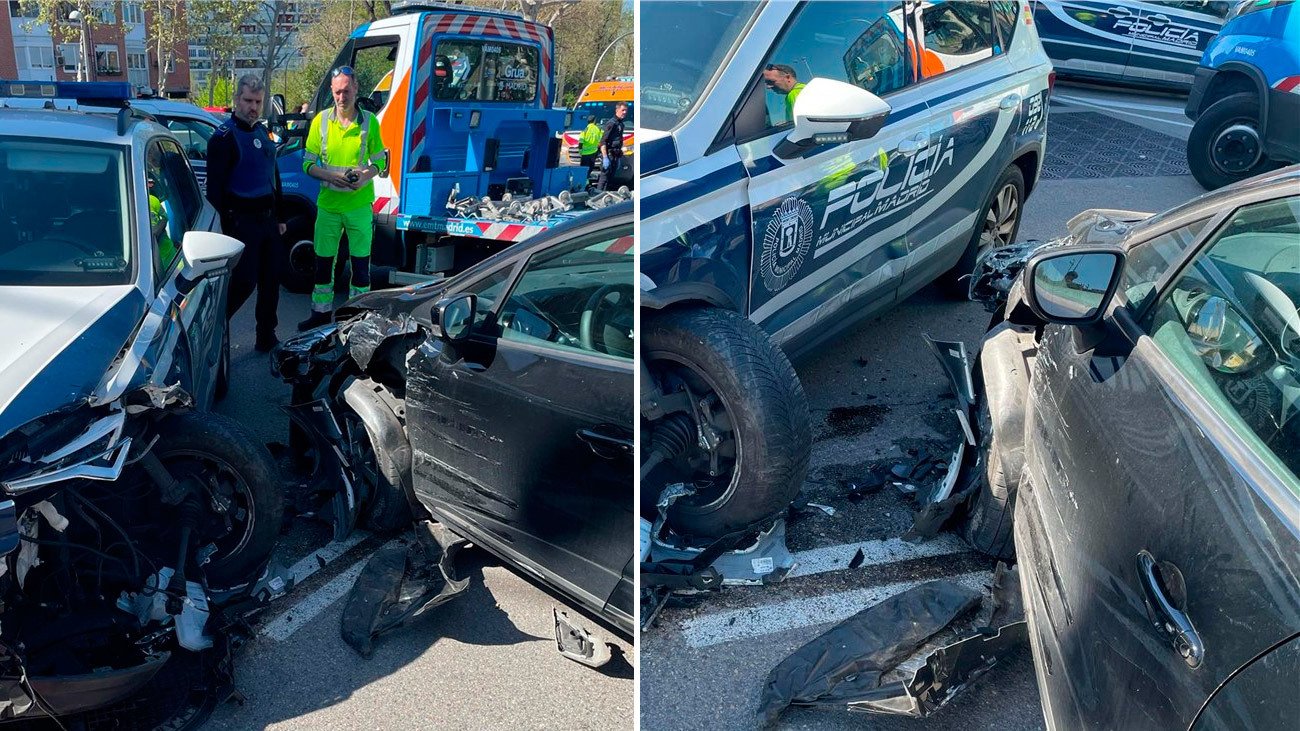 Choque entre un coche robado y un vehículo patrulla de la policía municipal de Madrid